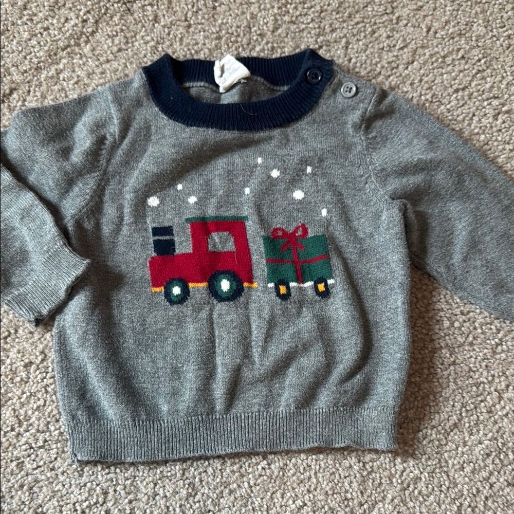 Gray Sweater with Red and Green Train Design